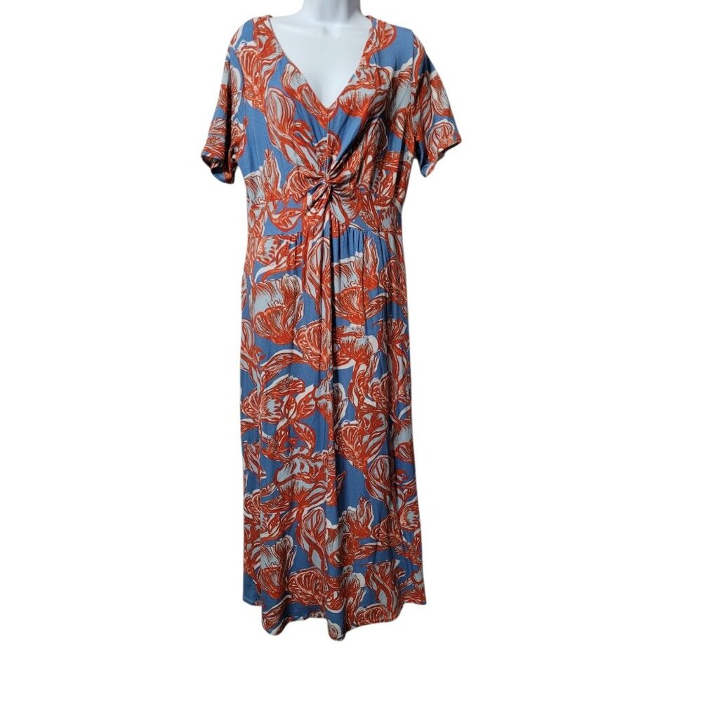 Soft Surroundings Maxi Dress L Blue Red Floral Twist Front Empire Soft Knit - Picture 8 of 14